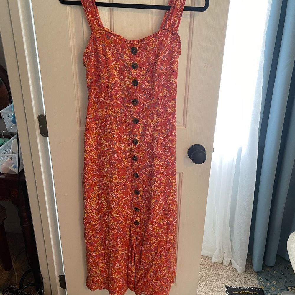 Japna orange floral button look front midi dress